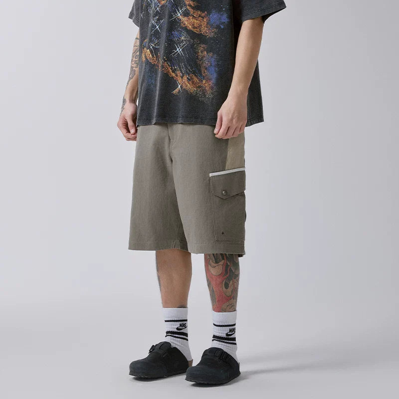 F2CE mountain style outdoor contrasting color splicing trendy workwear shorts for men, retro vintage vintage multi pocket functional casual shorts