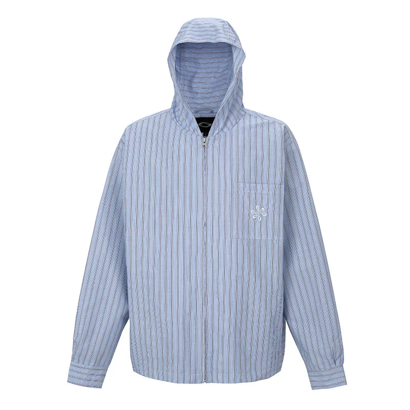 F2CE vertical stripe zipper shirt jacket men's heavyweight embroidered shirt pure cotton trendy loose hooded casual jacket
