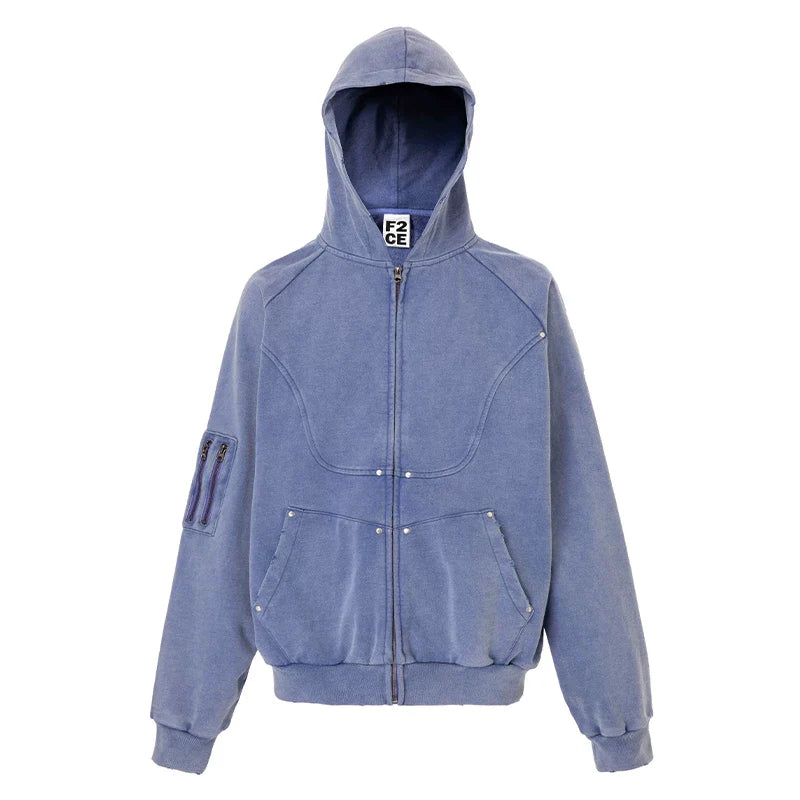 F2CE vintage solid color functional hooded cardigan sweatshirt with worn out studs, loose deconstruction zipper, casual jacket trendy