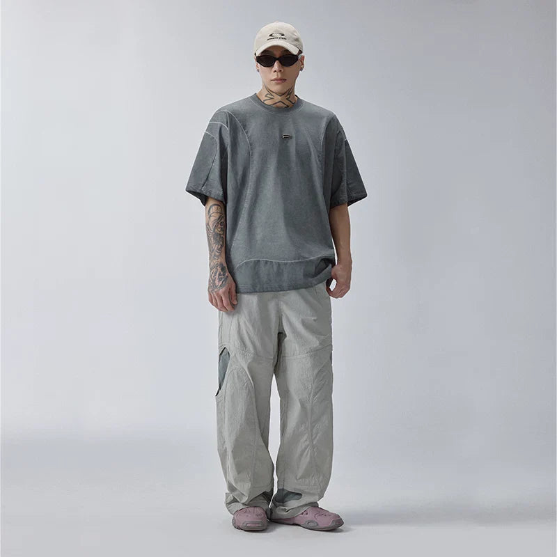 F2CE splicing contrasting hollow out functional work pants, loose men's trendy Vibe style high street pants, casual pants for spring and summer