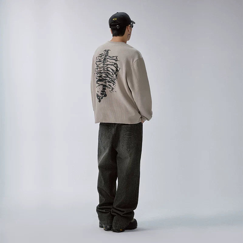 F2CE Men's Heavyweight Waffle Knit Skeleton Graphic Sweatshirt, Oversized Crewneck Long Sleeve Streetwear Top