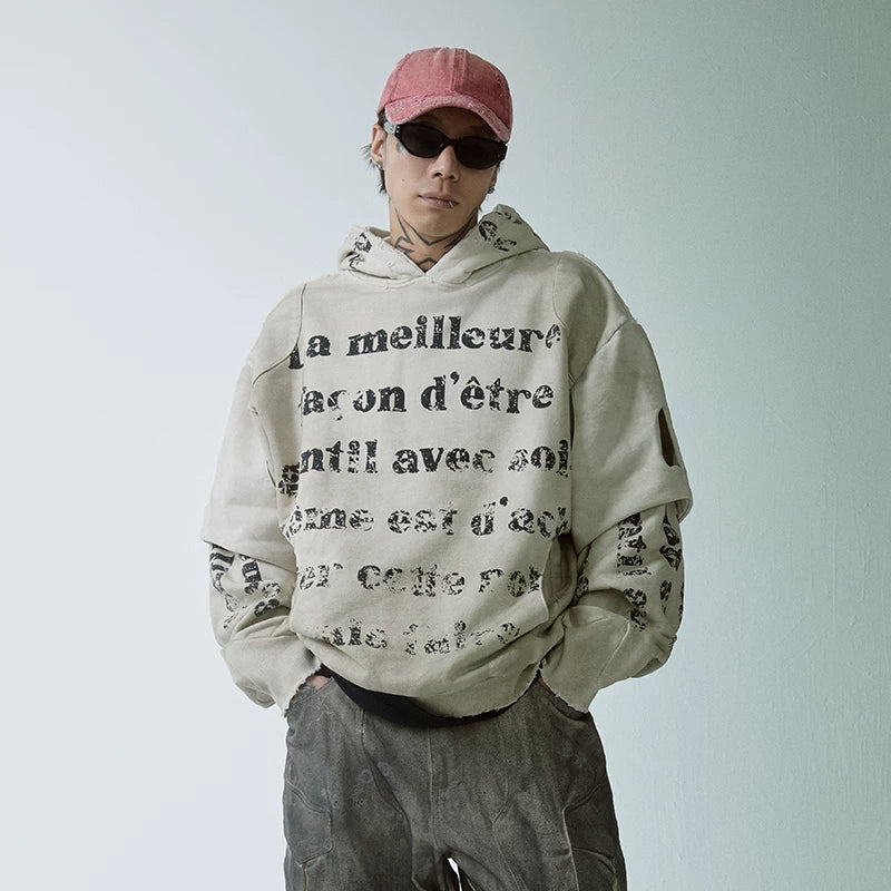 F2CE double-layer heavy-duty deconstruction, old destruction, mud dye printing slogan, loose hooded wide sweatshirt for men and women