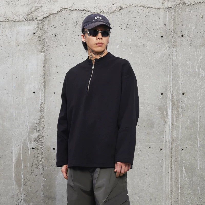 F2CE heavyweight basic solid color small stand up collar zipper long sleeved base T cotton American retro casual men's top autumn