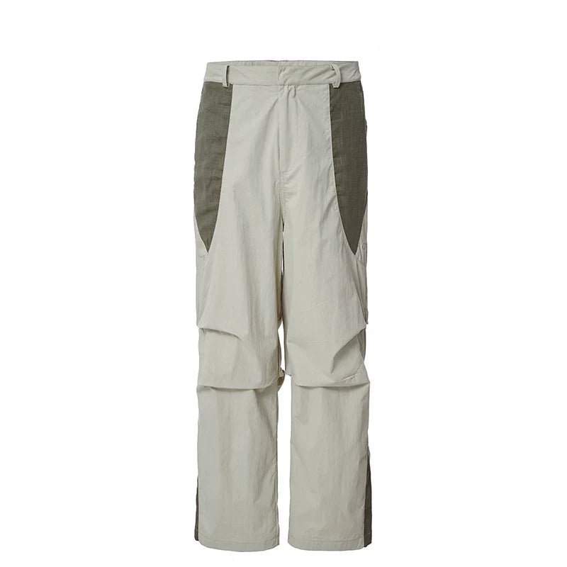F2CE splicing color blocking functional pleated work pants, loose men's trendy straight leg high street pants, casual pants for spring and summer