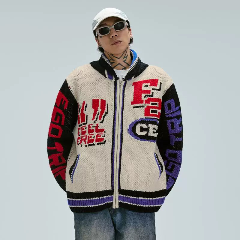 F2CE Trendy Wool Sweater Cardigan Loose Splicing Color Contrasting Lazy Thick Thread Casual Knitted Sweater Couple Winter Coat
