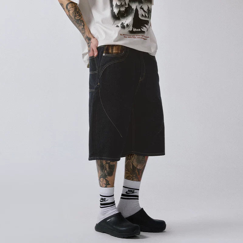 F2CE trendy original color denim shorts with loose silhouette and grid splicing, Vibe casual versatile over the knee cropped pants