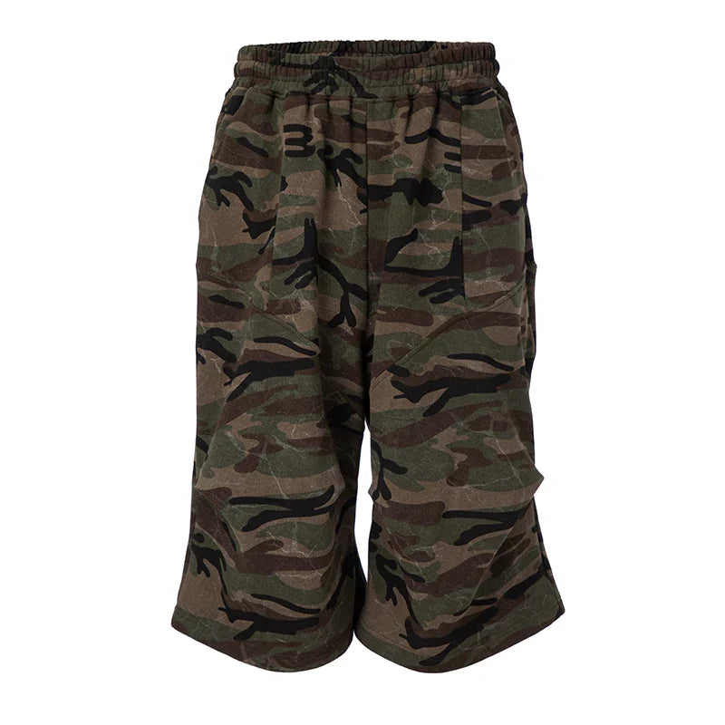 F2CE trendy loose washed vintage camouflage cropped pants with knee folds and curved blades casual pants versatile shorts for men in summer