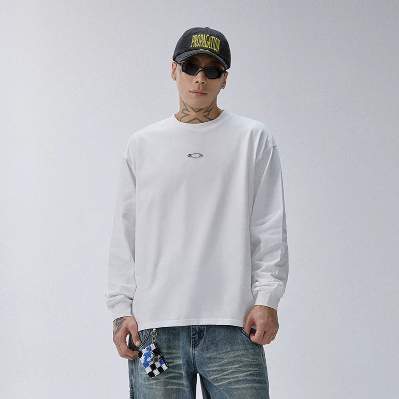 F2CE American style trendy metal logo loose heavyweight long sleeved T-shirt men's and women's round neck versatile top base shirt