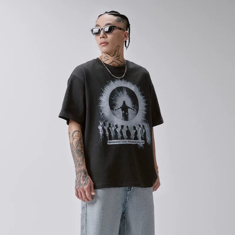 F2CE American high street dark style T-shirt silhouette prayer character print oversized loose casual short sleeved men