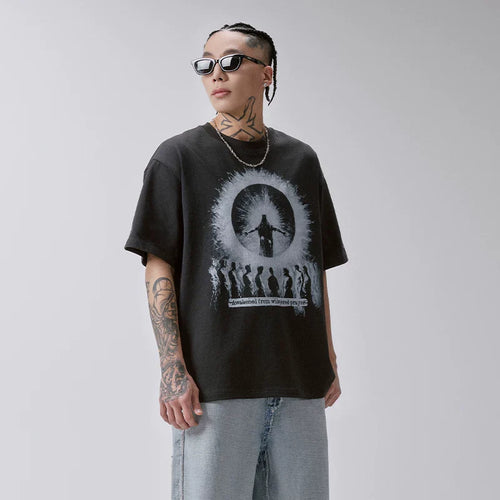 F2CE American high street dark style T-shirt silhouette prayer character print oversized loose casual short sleeved men
