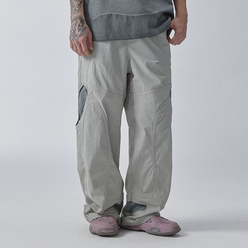 F2CE splicing contrasting hollow out functional work pants, loose men's trendy Vibe style high street pants, casual pants for spring and summer