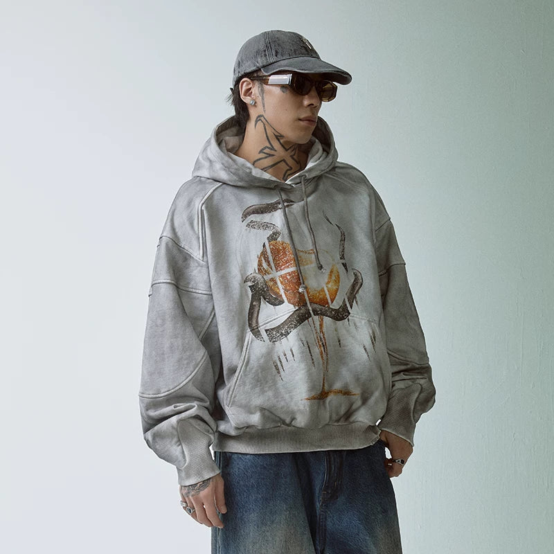 F2CE trendy loose wide loop cotton dirty dye printed dark hooded sweatshirt for men and women couple hoodie