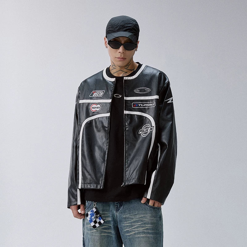 F2CE trendy embroidered leather jacket with retro stripes, loose and trendy motorcycle leather jacket, racing suit jacket for men