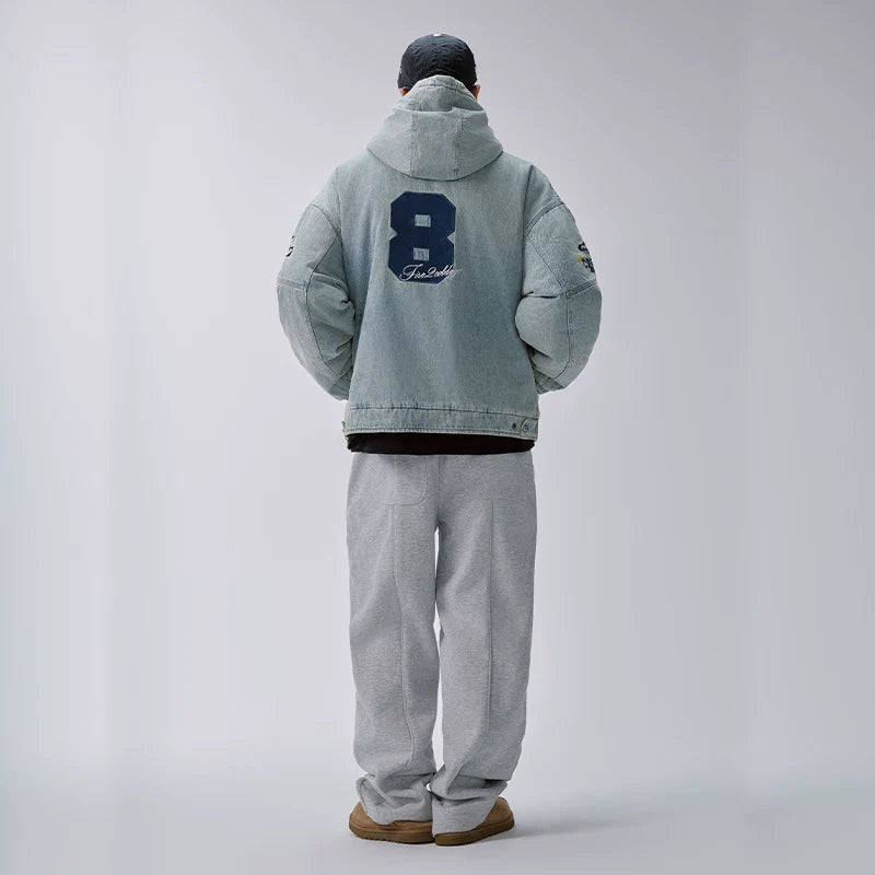 F2CE American retro denim cotton jacket washed and worn loose casual embroidered hooded cardigan jacket trendy cotton jacket
