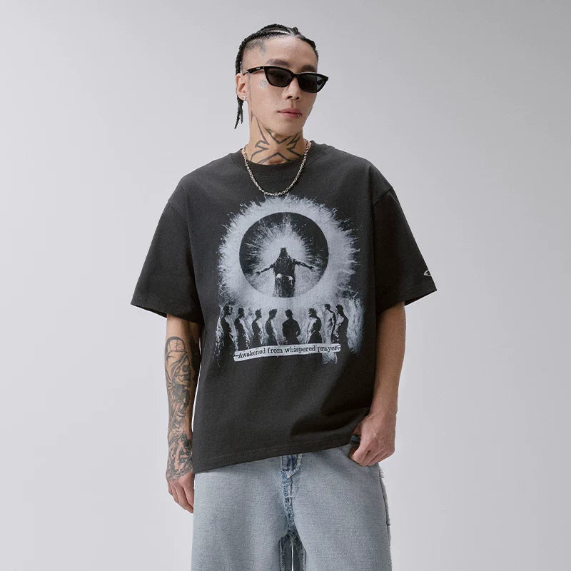 F2CE American high street dark style T-shirt silhouette prayer character print oversized loose casual short sleeved men