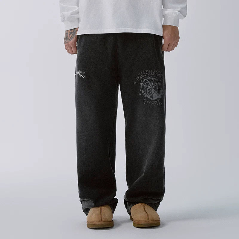 F2CE heavy-duty washed water distressed printed sweatpants for men, loose straight leg wide style trendy casual pants
