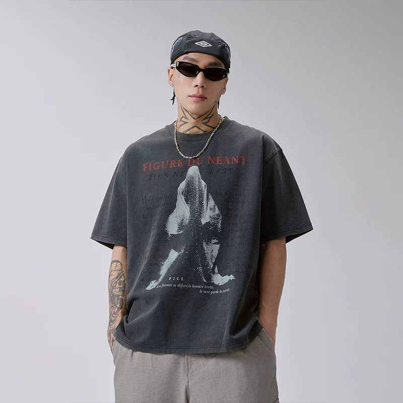 FCE Men's Heavyweight Vintage Washed Graphic T-Shirt, American Retro Streetwear Oversized Casual Tee
