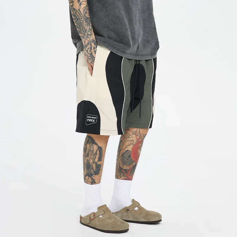 F2CE American style trendy spliced contrasting nylon shorts for men in summer, loose and casual five point basketball pants, sports breathable