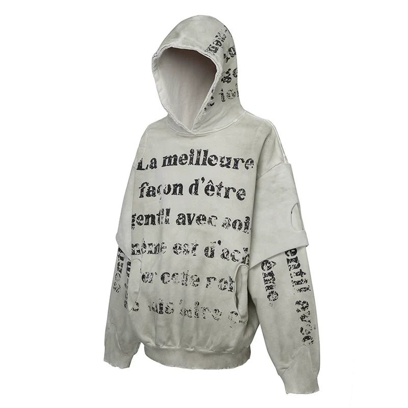 F2CE double-layer heavy-duty deconstruction, old destruction, mud dye printing slogan, loose hooded wide sweatshirt for men and women