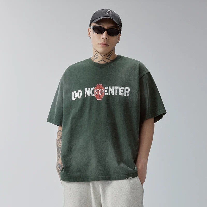 F2CE Trendy Gradient Washed Outdated Slogan Printed Short Sleeve Heavy Loose Simple Versatile T-shirt Half Sleeve for Men and Women