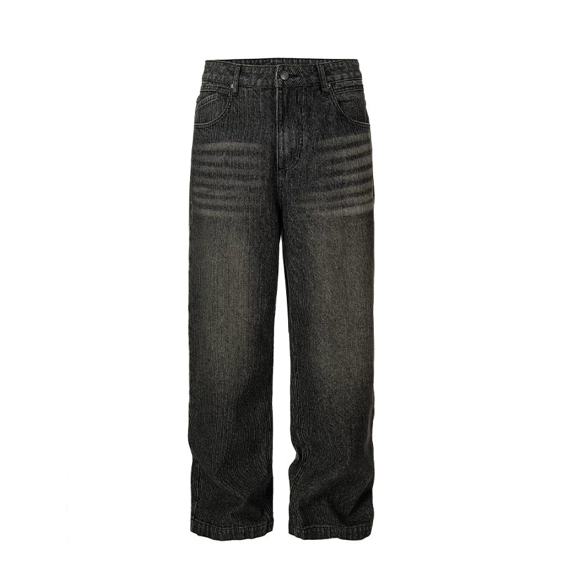 F2CE trendy and versatile dark distressed jeans with jacquard corduroy pattern, loose wide leg straight leg casual pants for men