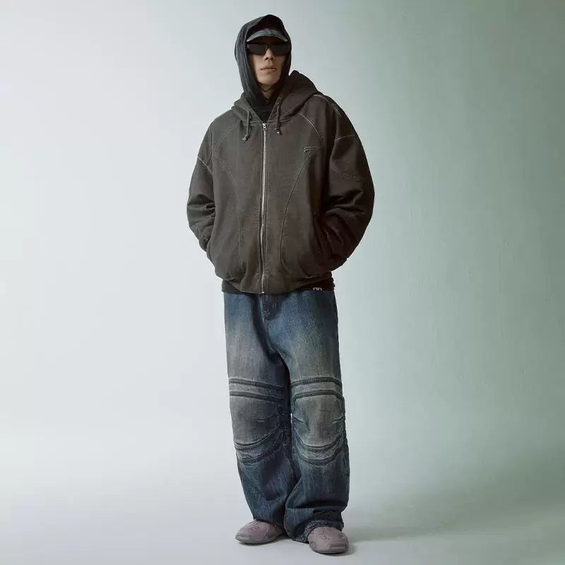 F2CE vintage dyed solid color functional hooded cardigan with fleece hoodie, loose deconstruction zipper casual jacket, trendy men