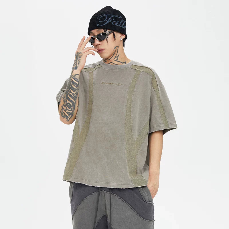 FCE waste soil wind old function burr destruction short sleeved deconstruction splicing color collision trendy high street loose men's and women's T-shirts