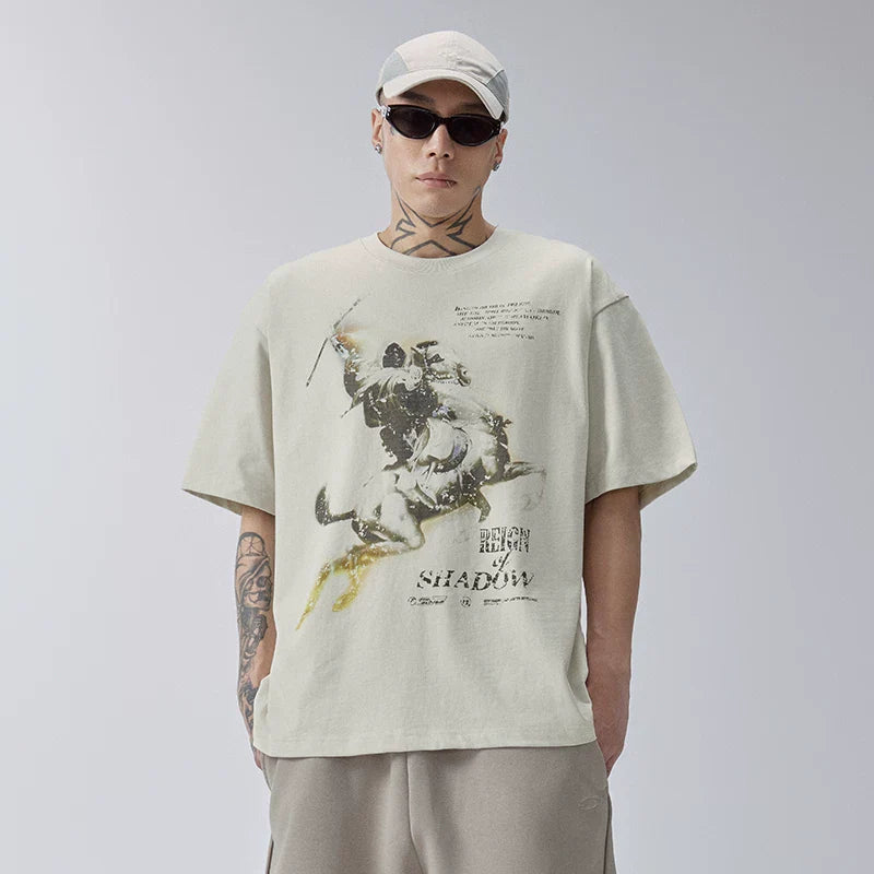 FCE American retro knight print Vintage round neck short sleeved loose and trendy high street casual t-shirt for men and women