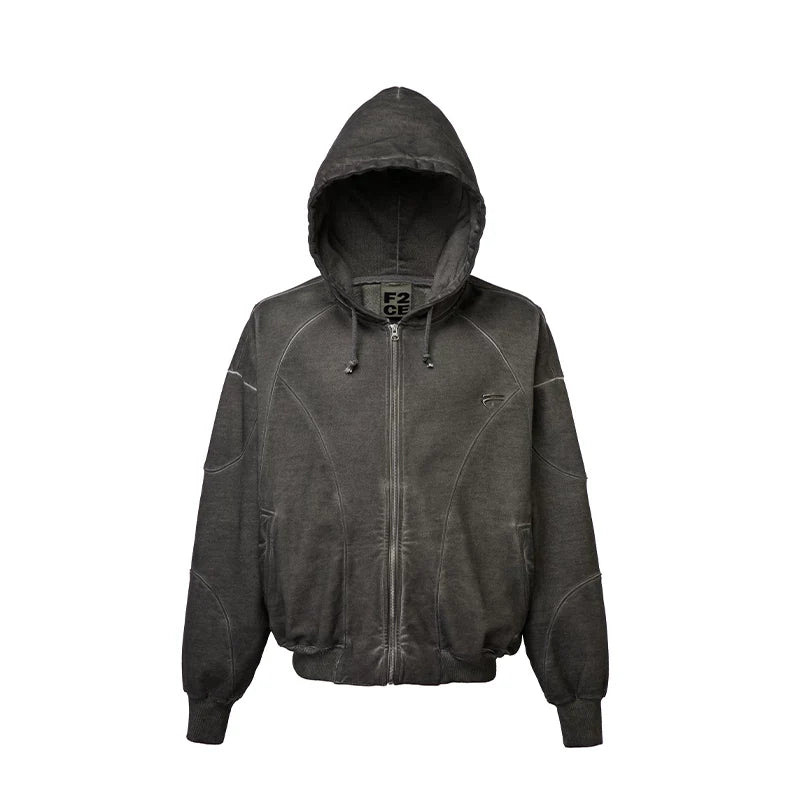 F2CE vintage dyed solid color functional hooded cardigan with fleece hoodie, loose deconstruction zipper casual jacket, trendy men