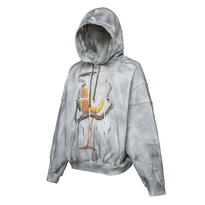 F2CE trendy loose wide loop cotton dirty dye printed dark hooded sweatshirt for men and women couple hoodie