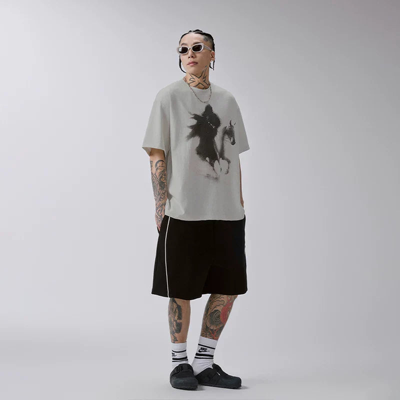 F2CE American Trendy Printed Vintage Round Neck Short Sleeve Loose Trendy High Street Casual T-shirt for Men and Women
