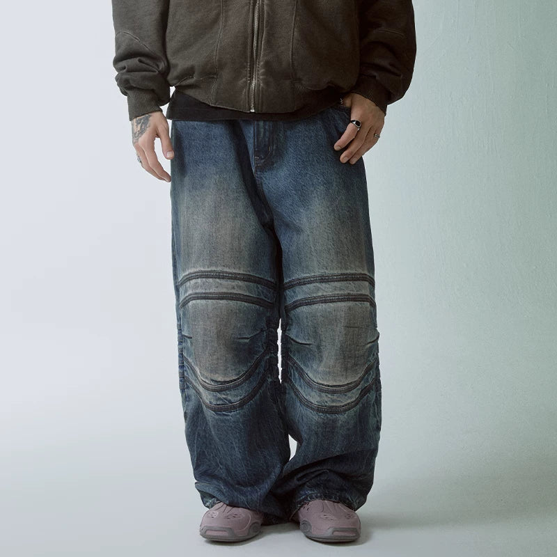 F2CE heavyweight dirty retro washed old loose straight leg bone pleated wide leg autumn and winter trendy jeans