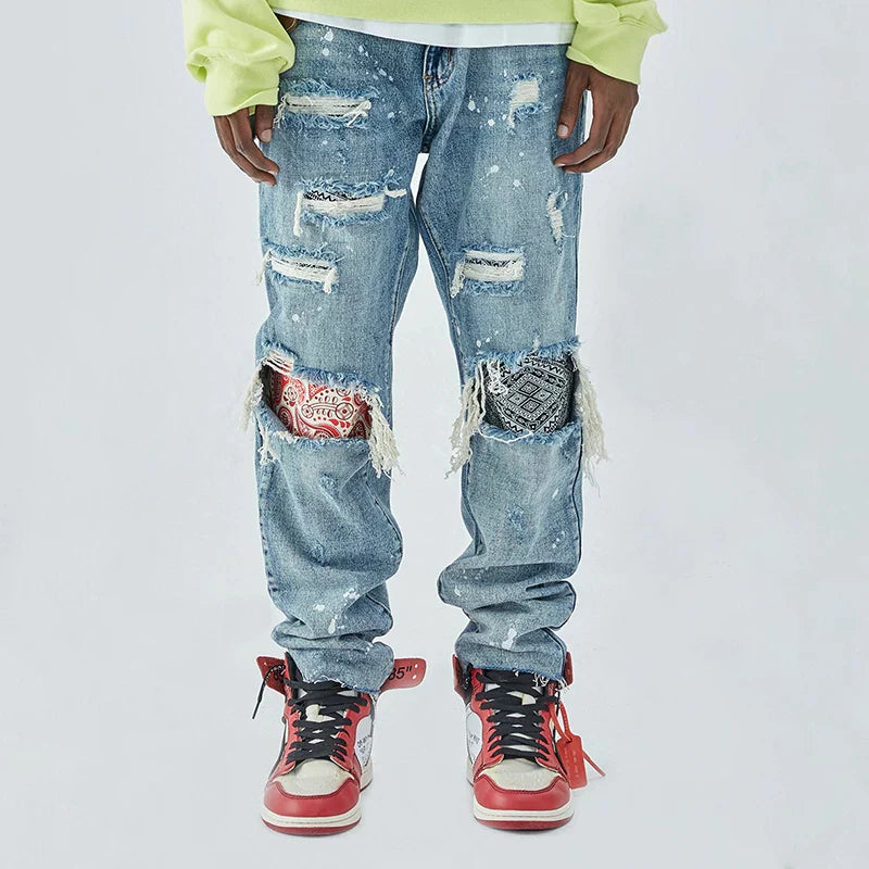 F2CE ripped pants washed with water to make old, cashew flower patch fabric replaced, loose men's spring and autumn straight leg trendy brand jeans
