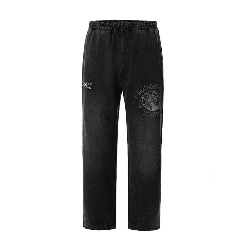 F2CE heavy-duty washed water distressed printed sweatpants for men, loose straight leg wide style trendy casual pants