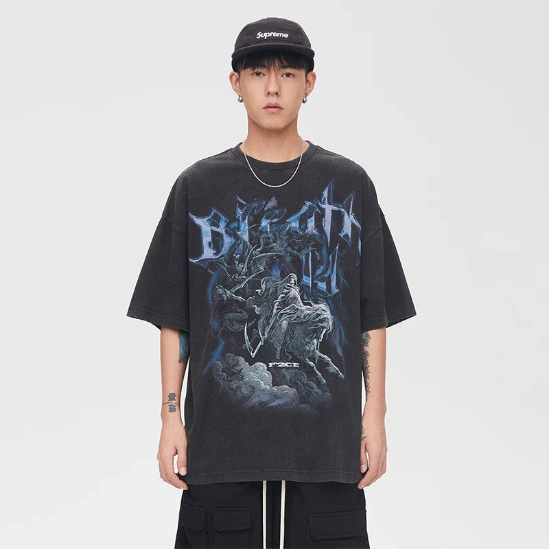 F2CE High Street Vibe vintage print vintage round neck short sleeved casual t-shirt men's loose trendy hip-hop
