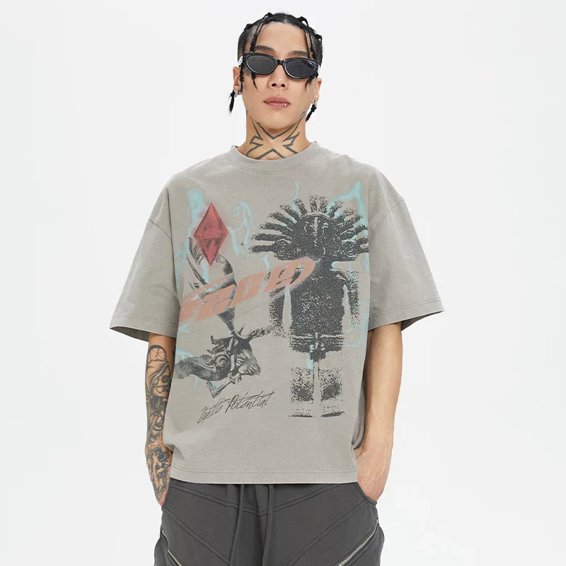 F2CE Printed Vintage Vintage Trendy Do Old Round Neck Short Sleeve Loose Trendy High Street Casual T-shirt for Men and Women