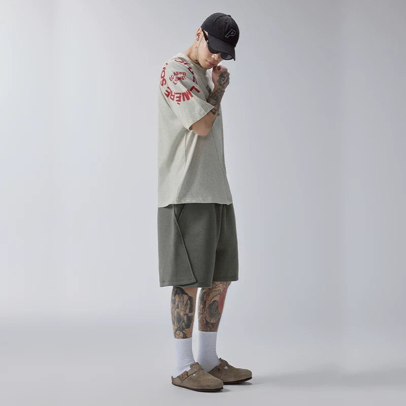 F2CE solid color casual pants beach five quarter pants men's deconstruction splicing embroidery versatile basic trend loose shorts