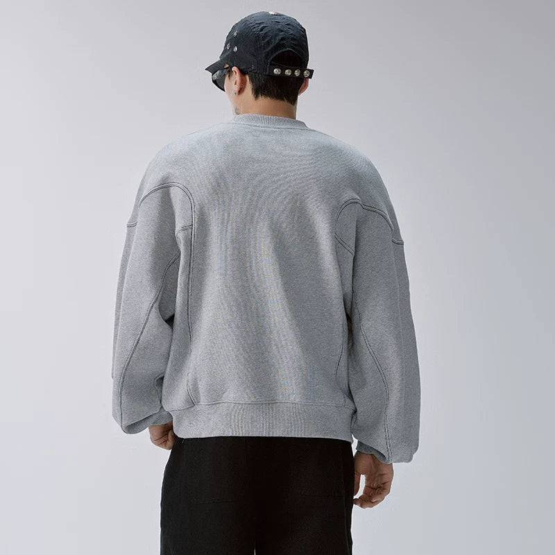 F2CE trendy round neck solid color heavyweight hoodie loose and wide embroidered logo patchwork pleated men's autumn and winter top