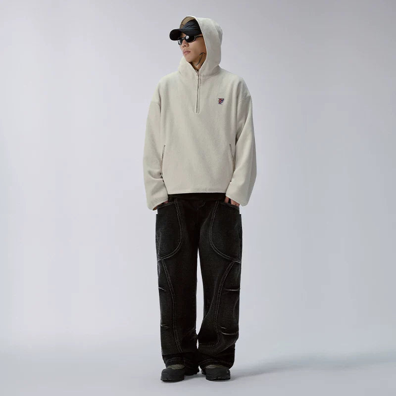 F2CE retro thick pullover hooded half zip sweatshirt with fleece fleece cap for couples, loose autumn and winter American jacket