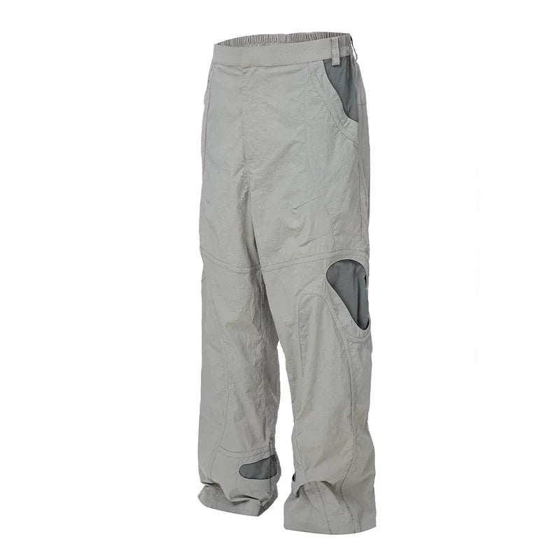 F2CE splicing contrasting hollow out functional work pants, loose men's trendy Vibe style high street pants, casual pants for spring and summer