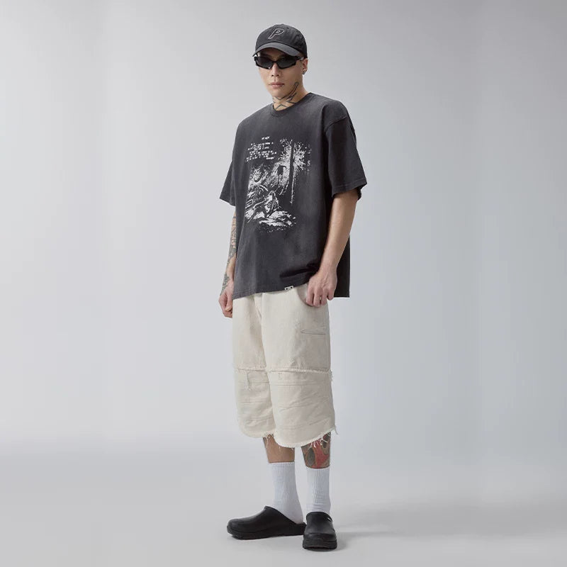 F2CE Heavy duty Washed Gradient Old American Retro High Street Trendy Printed T-shirt Summer Loose Casual Short Sleeve