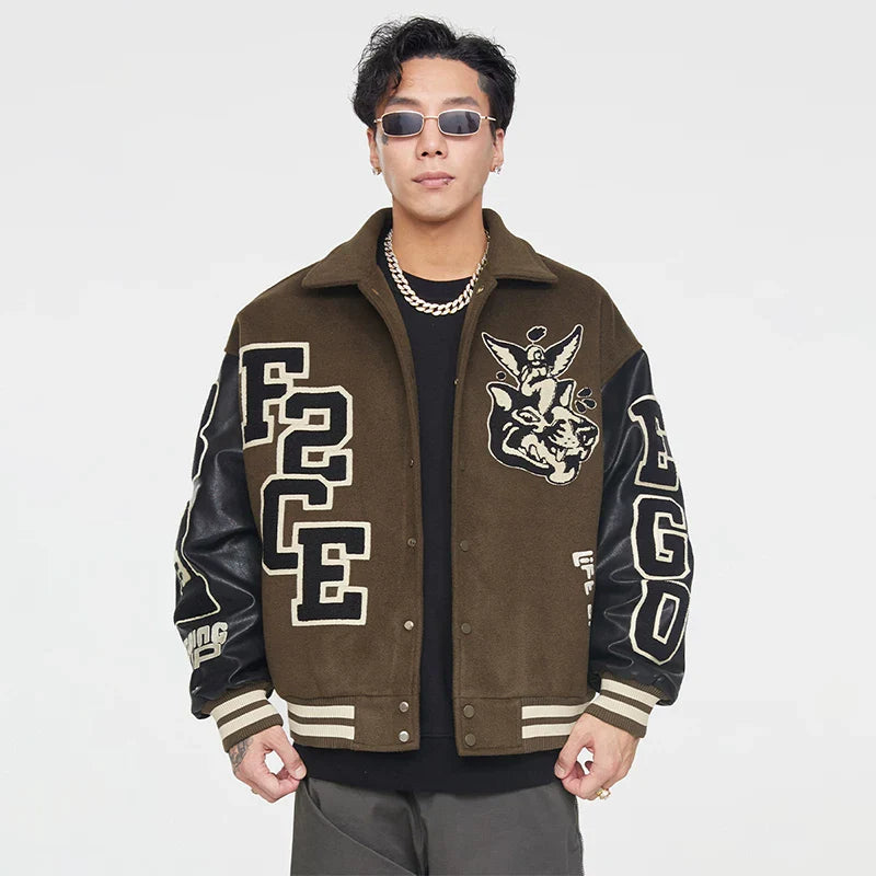 F2CE Trendy Heavy duty Towel Embroidered Baseball Jacket Wool for Autumn and Winter, Trendy Couple Casual Collar Jacket