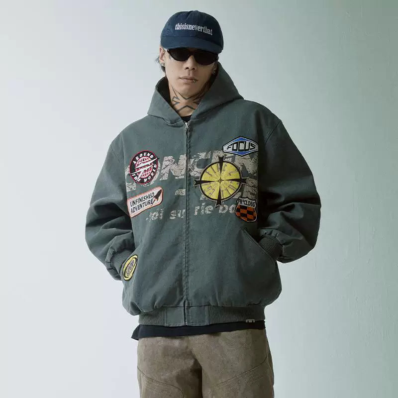 F2CE trendy loose and wide heavyweight distressed canvas embroidered printed hooded Vibe jacket retro autumn and winter jacket