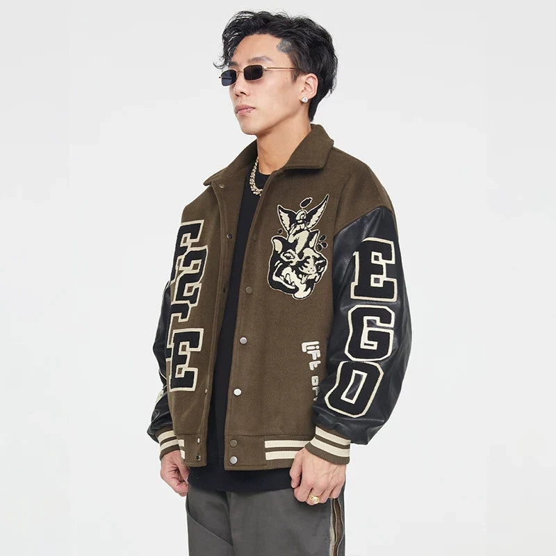 F2CE Trendy Heavy duty Towel Embroidered Baseball Jacket Wool for Autumn and Winter, Trendy Couple Casual Collar Jacket