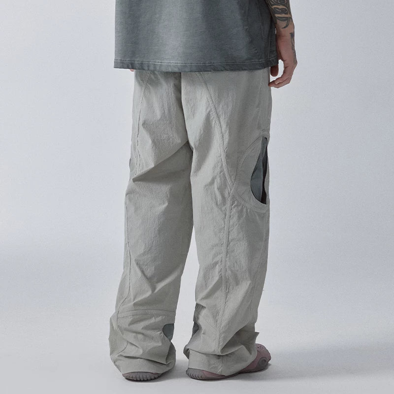 F2CE splicing contrasting hollow out functional work pants, loose men's trendy Vibe style high street pants, casual pants for spring and summer
