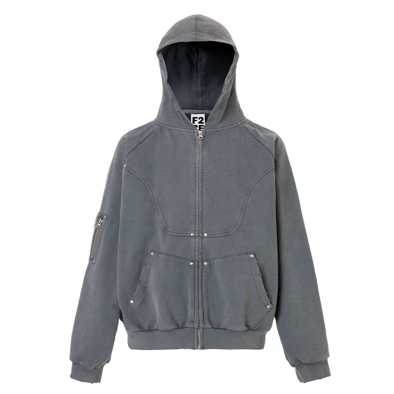 F2CE vintage solid color functional hooded cardigan sweatshirt with worn out studs, loose deconstruction zipper, casual jacket trendy