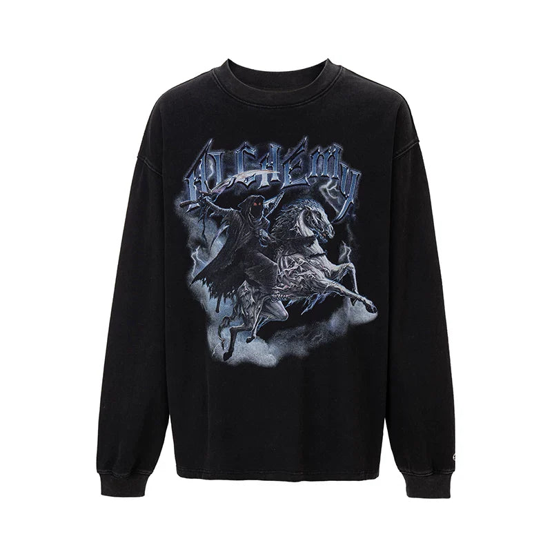F2CE American washed vintage dark print loose heavyweight long sleeved T-shirt trendy men's and women's round neck base shirt