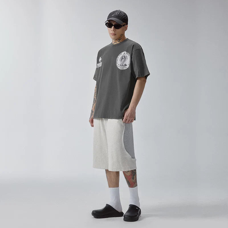 F2CE Printed Vintage Vintage Trendy Do Old Round Neck Short Sleeve Loose Trendy High Street Casual T-shirt for Men and Women