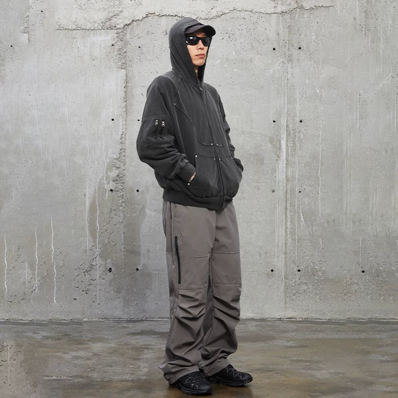 F2CE Nylon Knee Fold Thickened High Street Vibe Work Pants Loose Straight Pocket Parachute Pants Casual Pants