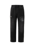 F2CE heavy-duty washed water distressed printed sweatpants for men, loose straight leg wide style trendy casual pants